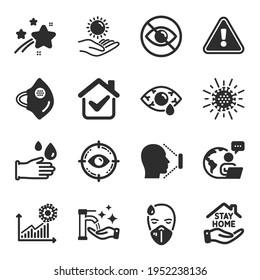 Set of Medical icons, such as Rubber gloves, Sun protection, Conjunctivitis eye symbols. Eye target, Medical mask, Coronavirus signs. Not looking, Washing hands, Coronavirus statistics. Vector