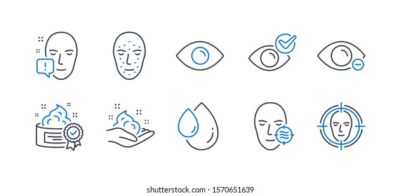 Set of Medical icons, such as Skin care, Eye, Face biometrics, Face attention, Problem skin, Myopia, Cream, Oil drop, Check eye line icons. Hand cream, View or vision. Line skin care icon. Vector