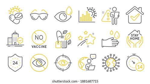 Set of Medical icons, such as Stay home, Eye drops, Rubber gloves symbols. Coronavirus, Quarantine, Apartment insurance signs. 24 hours, Not looking, Mint bag. Coronavirus pills. Vector