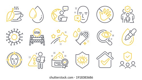Set of Medical icons, such as Vision test, Coronavirus, Family insurance symbols. People insurance, Face declined, Mint tea signs. Washing hands, Eye protection, Eye drops. Cream, Oil drop. Vector