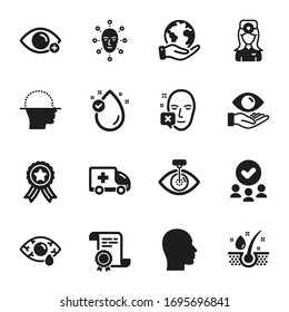 Set of Medical icons, such as Vitamin e, Health eye. Certificate, approved group, save planet. Face biometrics, Face declined, Ð¡onjunctivitis eye. Head, Serum oil, Farsightedness. Vector