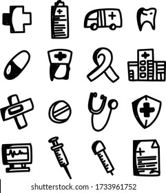 A Set of medical icons template suitable for any health and hospital content with doodle cartoon style