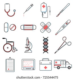 Set of medical Icons Vector thin color Line illustration 