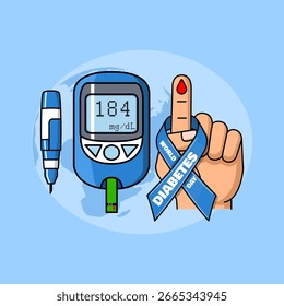 Un conjunto de instrumentos médicos para verificar el azúcar en la sangre y una mano con el dedo índice extrayendo una gota de sangre para su análisis. Anuncio de eventos de salud. El Día Mundial de la Diabetes se celebrará el 14 de noviembre