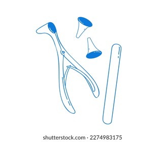 A set of medical instruments for examining the ear, throat, nose on a white gauze background. Medical spatula, ear funnel, nasal mirror. Set of otolaryngological, doodle