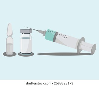 

Conjunto de instrumentos médicos, incluindo injeção, ampola e medicamentos usados para tratamento e terapia de saúde