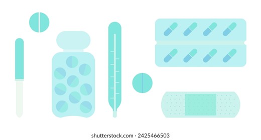 Set of medical instruments isolated on a white background. Pills, a thermometer, an eyedropper, a patch, a jar of medicine. Flat style. Vector graphics