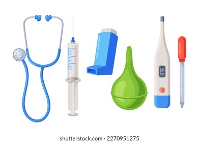 Set Of Medical Instruments And Items. Stethoscope, Syringe, Inhaler, Enema, Thermometer And Pipette