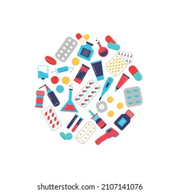 A set of medical instruments, medicines and pills in the shape of a circle isolated on a white background. Vector illustration in cartoon and flat style. Good for banner, social media advertising, web