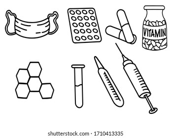 Conjunto de instrumentos médicos y pastillas.