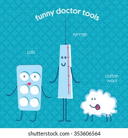 set of medical instruments pills, medicine, an enema, a thermometer, an aerosol, medical cotton wool, adhesive tape. The cartoon, funny illustrations for children's hospitals.