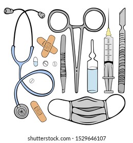 
set with medical instruments: statoscope, clamp, scissors, tweezers, scalpel, mask, syringe, ampoule, patch