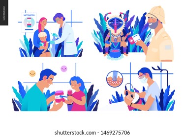 Set of medical insurance illustration- childhood immunization, medical assistance all over the world, dermatology, cosmetology, pediatric dentistry - modern flat vector concept digital illustrations