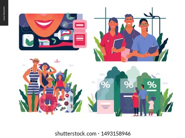 Set of medical insurance illustrations - dental care, internship jobs, travel insurance, health insurance plans - modern flat vector concept digital illustrations, medical insurance plan metaphor