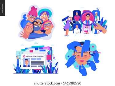 Set of medical insurance illustrations -opticians shop, find a doctor, medical id, health card, cosmetic, plastic surgery - modern flat vector concept digital illustrations, insurance plan metaphor