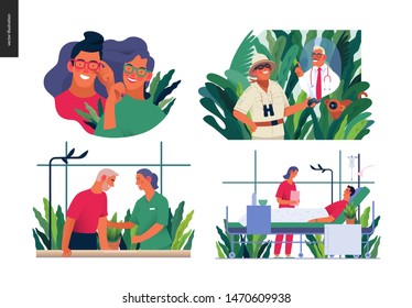 Set of medical insurance illustrations -opticians shop, hospitalization, rehabilitation physiotherapy, online doctor service -modern flat vector concept digital illustrations, insurance plan metaphor