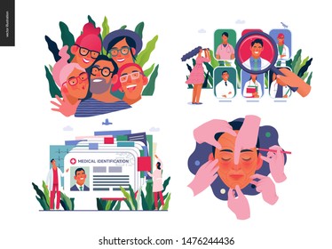 Set of medical insurance illustrations -opticians shop, find a doctor, medical id, health card, cosmetic, plastic surgery - modern flat vector concept digital illustrations, insurance plan metaphor