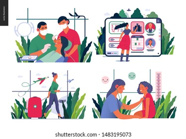 Set of medical insurance illustrations - routine dental checkups, medical application, medical tourism, pediatrics - modern flat vector concept digital illustrations, insurance plan metaphor