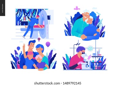 Set of medical insurance - MRT - magnetic resonance tomography, chemical laboratory analysis, family health and wellness, senior citizen health plan - modern flat vector concept digital illustrations