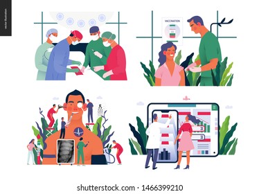 Set of medical insurance - surgery and surgical procedures, immunization, vaccination schedule, annual health checkups, medical reports application - modern flat vector concept digital illustrations