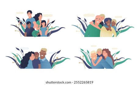 Set of Medical Insurance Template. Modern Flat Vector Illustration. Happy Families of Parents and Children, Embracing Together or Holding with Sport Equipment on Abstract Background.