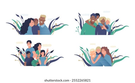 Set of Medical Insurance Template. Modern Flat Vector Illustration. Happy Families of Parents and Children, Embracing Together or Holding with Sport Equipment on Abstract Background.