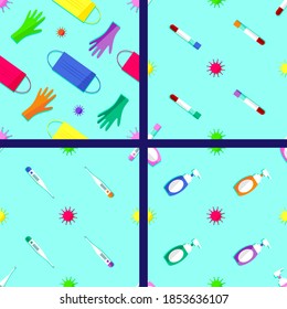 Set of medical items against coronavirus seamless pattern. Virus symbols in flat style.