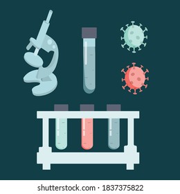 
set of medical items + coronavirus, vector image of a microscope, test tubes and stand