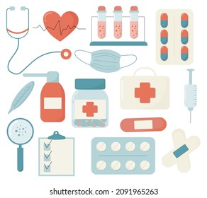 Set of medical items, elements Cartoon Vector Flat Illustration.