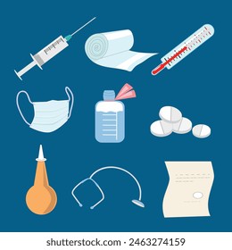 
Set of medical items on blue background