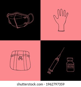 Set with medical items on isolated squares. Vector illustration. Coronavirus theme.