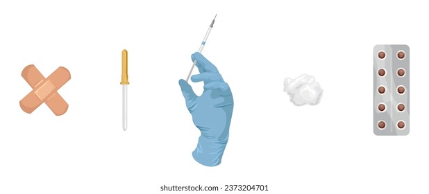 Set of medical items on white background