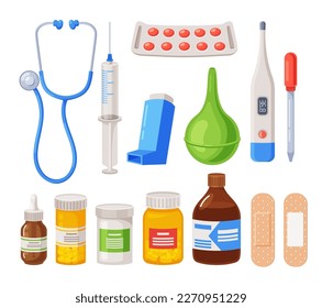 Set Of Medical Items. Stethoscope, Syringe, Inhaler, Enema, Thermometer And Pipette. Medication Jars, Pills And Plaster