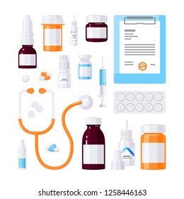 Set of medical items, vector concept. Bottles with medications, patient chart, stethoscope, pills and drops in flat style on white background