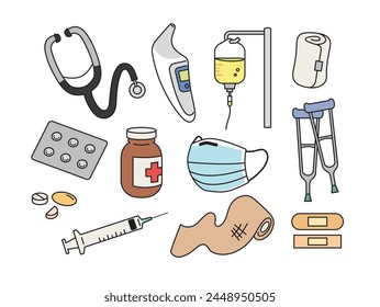 a set of medical items. vector outlined illustration.  