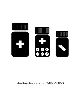 Set of medical jars on a white background. Medical bottles with pills. Black and white icons. Vector illustration.
