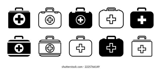 Conjunto de iconos vectoriales del kit médico. Primera ayuda de emergencia. Maleta del doctor. Cuadro de asistencia. 