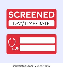 Set of medical labels, one screened and another showing a stethoscope, both with data fields. Date, time, doctor appointment.