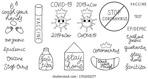 Set of medical lettering: coronavirus, covid-19, 2019-nCov, stop, test, vaccine, epidemic, no panic, wear your mask, wash your hands, stay home, quarantine, sanitize. Design is drawn by hand.