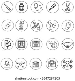 Set of medical line icons in circles. Healthcare symbols including syringe, medicine bottle, stethoscope, thermometer, bandage, pills, and more. Vector illustration