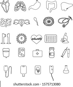 Set of medical linear icons. human organs. Heart, Lungs, Liver, Skin, Stomach, Colon, Female reproductive organs, egg, sperm, virus, dropper, X-ray, syringe, fanendoscope, enema Infographic. Vector.