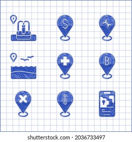Set Medical location with cross, Location information, City map navigation, mark, beach, Car service and fountain icon. Vector
