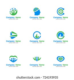 set medical logo vector. contains such as brain, green, tech, hands, people, health care