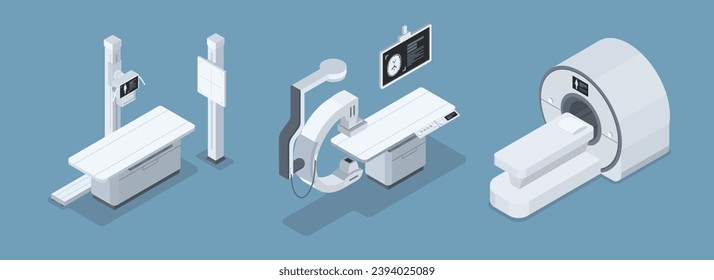 A set of medical machine, x-ray, x-ray fluoroscopy, magnetic resonance imaging, in isometric vector design.