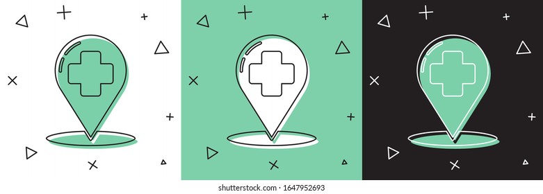 Set Medical map pointer with cross hospital icon isolated on white and green, black background.  Vector Illustration