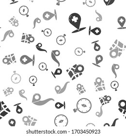 Set Medical map pointer with cross hospital, Compass, Folded map with location marker and Route location on seamless pattern. Vector
