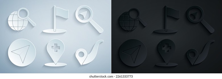 Set Medical map pointer with cross hospital, Search location, Paper airplane, Route, Flag and Magnifying glass globe icon. Vector