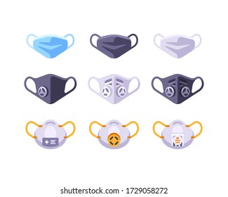 Set of medical mask flat icons. Different types of face masks. Virus protection flat illustration. Coronavirus prevention measures.