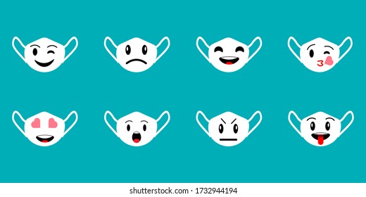 Set medical mask with painted emotions.Isolated medical personal protective equipment in cartoon style. The concept of viral defense against the corona virus. Vector illustration on a blue background
