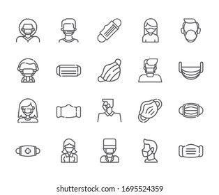 Set of Medical mask Related Vector Line Icons. - vector